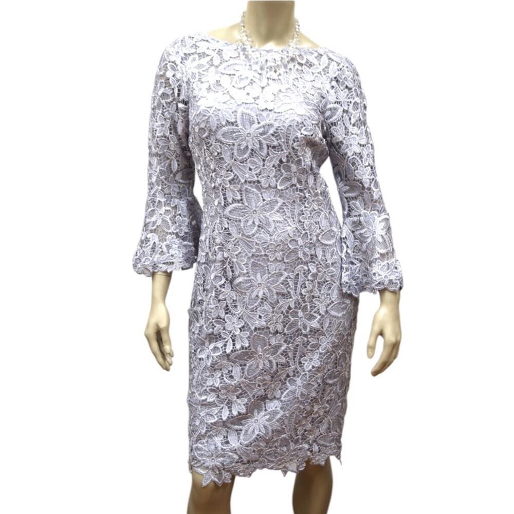 Teri Jon Lilly Lace Dress in Silver Size 18 Midi Dress